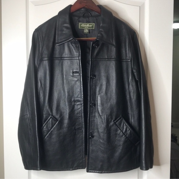 Eddie Bauer VINTAGE 90s Black Leather Car Coat Jacket Large